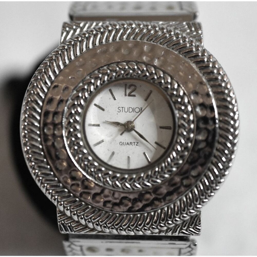 Renaissance Studio Quartz Silver Tone Crafted Metal 4 Inch Cuff Working Watch